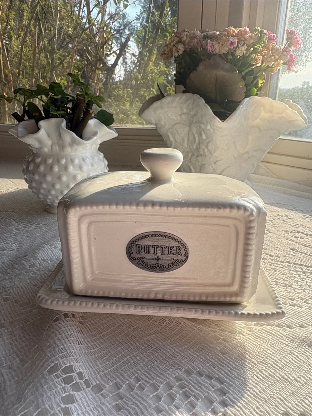 White Ceramic Butter Dish with Vintage Label